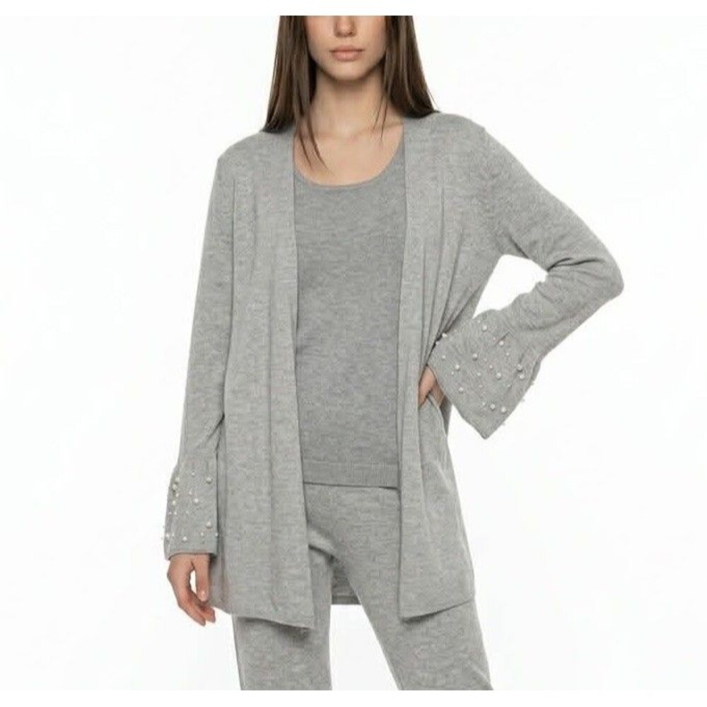 Lane Bryant Cardigan Sweater Size 18/20 Pearls Bell Sleeves Gray Women’s